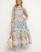 rosita Rochie Evazată Albastră cu Vâscoză Legată la spate cu Imprimeu Boho Turielia