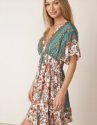 rosita Rochie Mini Alb-Verde din Viscoză cu Elastic în Talie cu Volănaș Hypalina