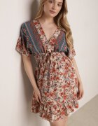 rosita Rochie Mini Bej-Bleumarin din Viscoză cu Elastice în Talie cu Volan Hypalina