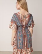 rosita Rochie Mini Bej-Bleumarin din Viscoză cu Elastice în Talie cu Volan Hypalina