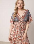 rosita Rochie Mini Bej-Bleumarin din Viscoză cu Elastice în Talie cu Volan Hypalina