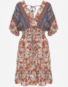 rosita Rochie Mini Bej-Bleumarin din Viscoză cu Elastice în Talie cu Volan Hypalina
