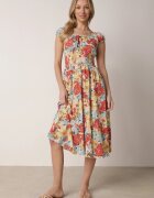 rosita Rochie Roz-Bej de Viscoză Midi cu Volănaș și Imprimeu Floral Exordia