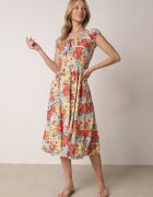 rosita Rochie Roz-Bej de Viscoză Midi cu Volănaș și Imprimeu Floral Exordia