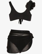 rosse line Bikini Negru Sutien cu Floare 3D Detașabilă Chiloți Figi și Pareo din plasă Folane