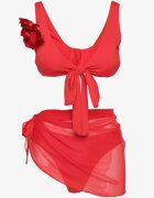 rosse line Bikini Roșu Sutien cu Floare 3D Detașabilă Slip și Pareo din plasă Folane