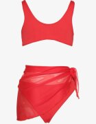 rosse line Bikini Roșu Sutien cu Floare 3D Detașabilă Slip și Pareo din plasă Folane