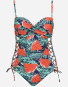 rosse line Costum de baie Bleumarin-Roșu cu model frunze și legătură Nevalitfe