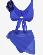 rosse line Costum de baie două piese Albastru Sutien cu Floare 3D Detașabilă Chiloți Tip Slip și Pareo din plasă Folane