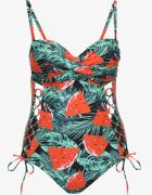 rosse line Costum de baie Verde-Roșu cu Motiv Frunze și Legătură Nevalitfe