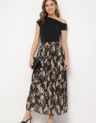 rosse line Fustă Neagră Plisată Evazată Florală Decorată cu Imprimeu Metalic Folenisa