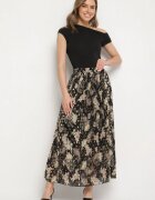 rosse line Fustă Neagră Plisată Evazată Florală Decorată cu Imprimeu Metalic Folenisa