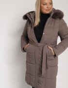 rosse line Geacă Maro Matlasată cu Glugă cu Blană și cu Curea Legată Mevinatia