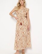 rosse line Rochie Bej Închisă cu Nasturi cu Elastic în Talie și Volane Keltella