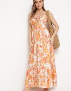 rosse line Rochie Portocalie din Viscoză și Bumbac Evazată cu Imprimeu Floral cu Legătură Decorativă Wiama