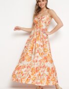 rosse line Rochie Portocalie din Viscoză și Bumbac Evazată cu Imprimeu Floral cu Legătură Decorativă Wiama