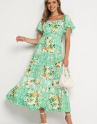 rosse line Rochie Verde cu elastic în talie decorată cu volan nasturi și șnur la spate Dimiila