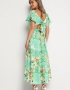 rosse line Rochie Verde cu elastic în talie decorată cu volan nasturi și șnur la spate Dimiila