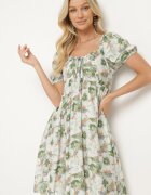 rosse line Rochie Verde cu Mâneci Bufante și Legătură la Decolteu cu Elastic la Spate Vikninna