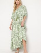rosse line Rochie Verde deschis din Bumbac și Viscoză cu Dungi Abstracte cu Șnur în Talie Navarae