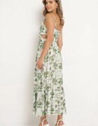 rosse line Rochie Verde deschis Florală cu bretele reglabile cu crăpături și nasturi decorativi Dimllie