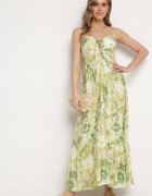 rosse line Rochie Verde din Viscoză și Bumbac Evazată cu Imprimeu Floral și Legătură Decorativă Wiama