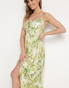 rosse line Rochie Verde din Viscoză și Bumbac Evazată cu Imprimeu Floral și Legătură Decorativă Wiama
