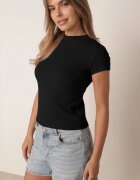 rosse line T-shirt simplu din viscoză cu guler tip tunică în stil minimalist Deleus Negru