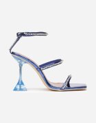  Sandale Albastre cu Toc Transparent cu Barete cu Zirconii Verne
