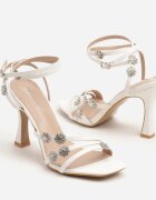  Sandale Albe cu toc cui cu Barete Elegante și Decorațiuni Florale cu Zirconii Hanalirae