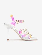  Sandale Argintii cu toc stiletto cu barete transparente și zirconii Brixten