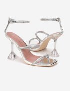  Sandale argintii cu toc transparent cu barete cu zirconii Verne