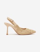  Sandale Bej cu toc stiletto închise cu cataramă decorate cu împletitură Heviala