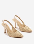  Sandale Bej cu toc stiletto închise cu cataramă decorate cu împletitură Heviala