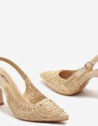  Sandale Bej cu toc stiletto închise cu cataramă decorate cu împletitură Heviala