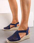  Sandale bleumarin cu platformă joasă decorate cu dantelă și împletitură pe talpă Ailassa
