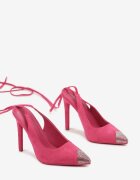  Sandale fuchsia cu toc cui cu legătură în jurul gambei și vârf cu cristale Fidodia