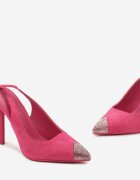  Sandale fuchsia cu toc cui cu legătură în jurul gambei și vârf cu cristale Fidodia