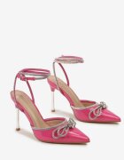  Sandale fuchsia cu toc stiletto cu barete și fundiță cu zirconii Viarosa