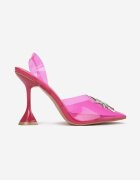  Sandale fucsia cu toc clepsidră cu decorațiune din strasuri Ellagrace