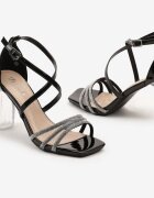  Sandale Negre cu Toc Transparent închise cu Cataramă decorate cu Zirconii Tesajoy