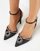  Sandale Negre de satin cu toc cui cu zirconii Kirnaia