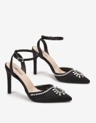  Sandale Negre de satin cu toc cui cu zirconii Kirnaia