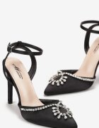  Sandale Negre de satin cu toc cui cu zirconii Kirnaia