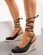  Sandale Negre de Satin în Stil Espadrile pe Toc Pană Împletit Fasoise