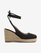  Sandale Negre de Satin în Stil Espadrile pe Toc Pană Împletit Fasoise