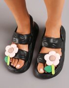  Sandale Negre Decorate cu Floare cu Curea la Călcâi Orialis