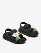  Sandale Negre Decorate cu Floare cu Curea la Călcâi Orialis