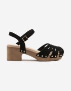  Sandale Negre din imitație de piele întoarsă pe toc bloc jos cu finisaj perforat și cu capse decorative Panessi