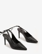  Sandale Negre din Piele ecologică cu Cristale pe Toc stiletto cu Legare Vlegia